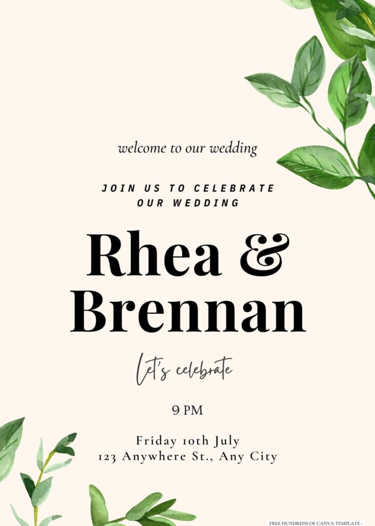Free Editable Bouquet Leaves Green Wedding Invitation
