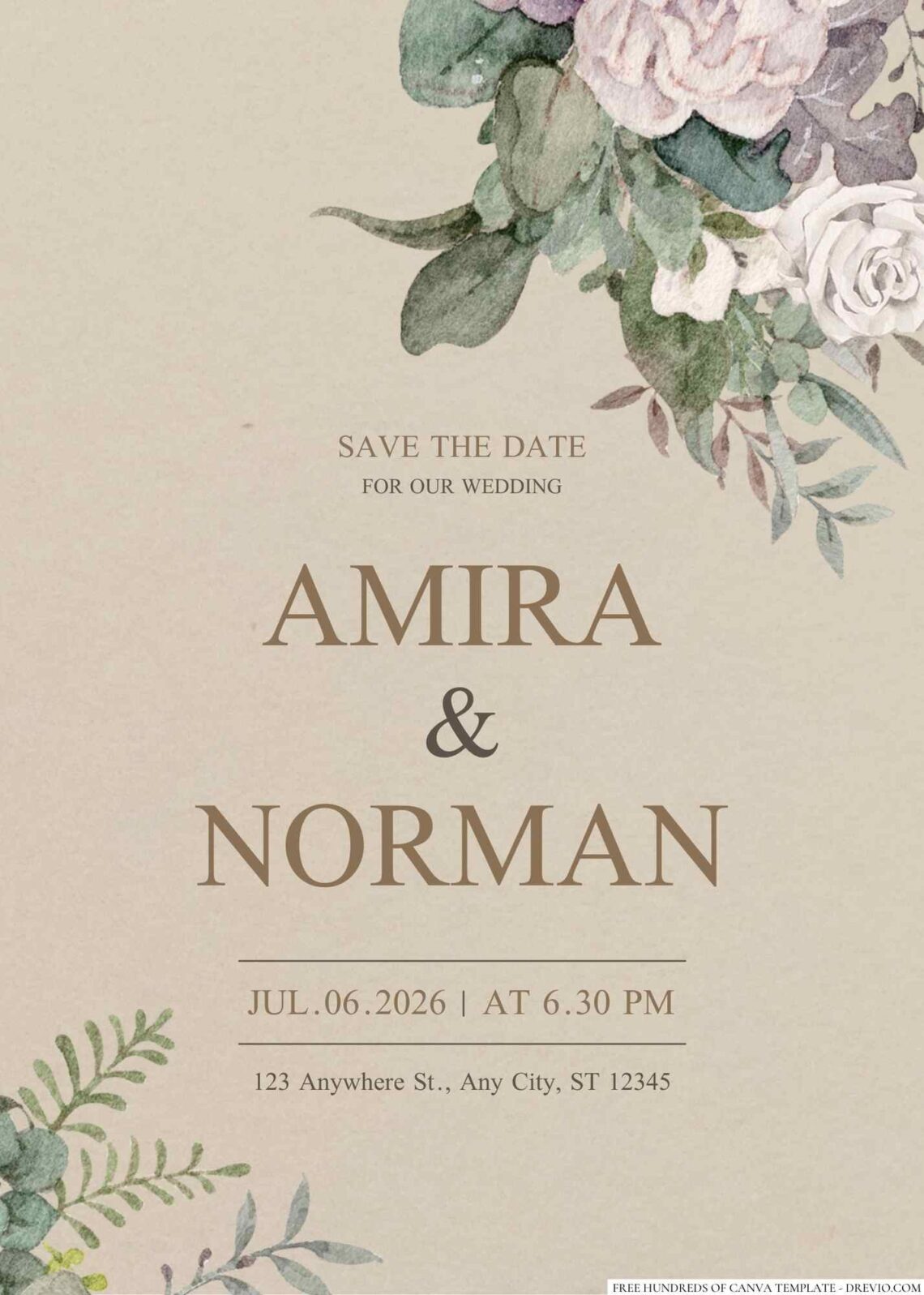 Free Editable Vintage White Purple Floral Wedding Invitation