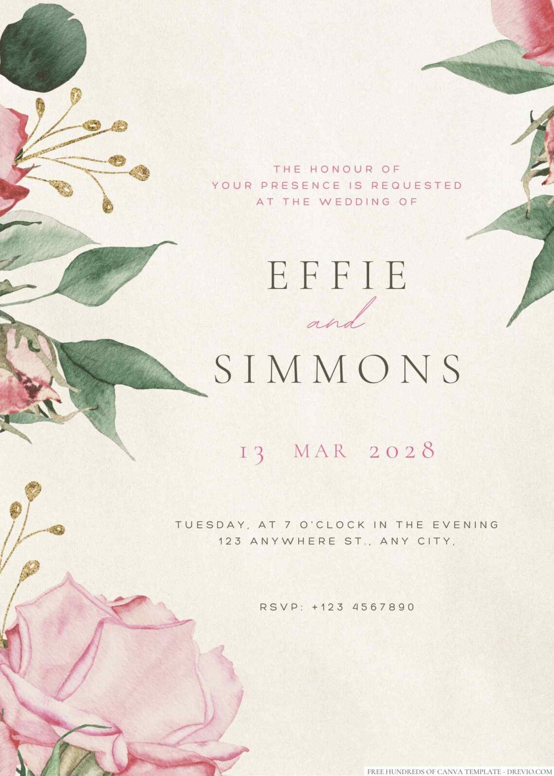 Free Editable Vintage Watercolor Rose Flower Wedding Invitation