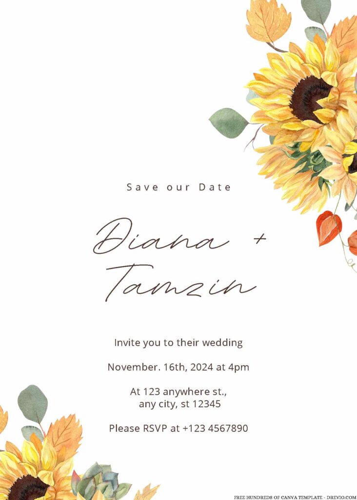 Watercolor Sunflower Bouquet Canva Wedding Invitation Templates