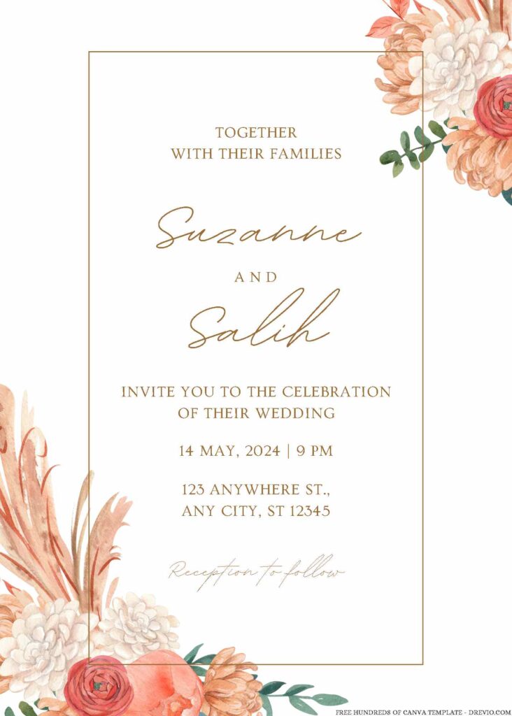 Garden Floral Brown Watercolor Canva Wedding Invitation Templates