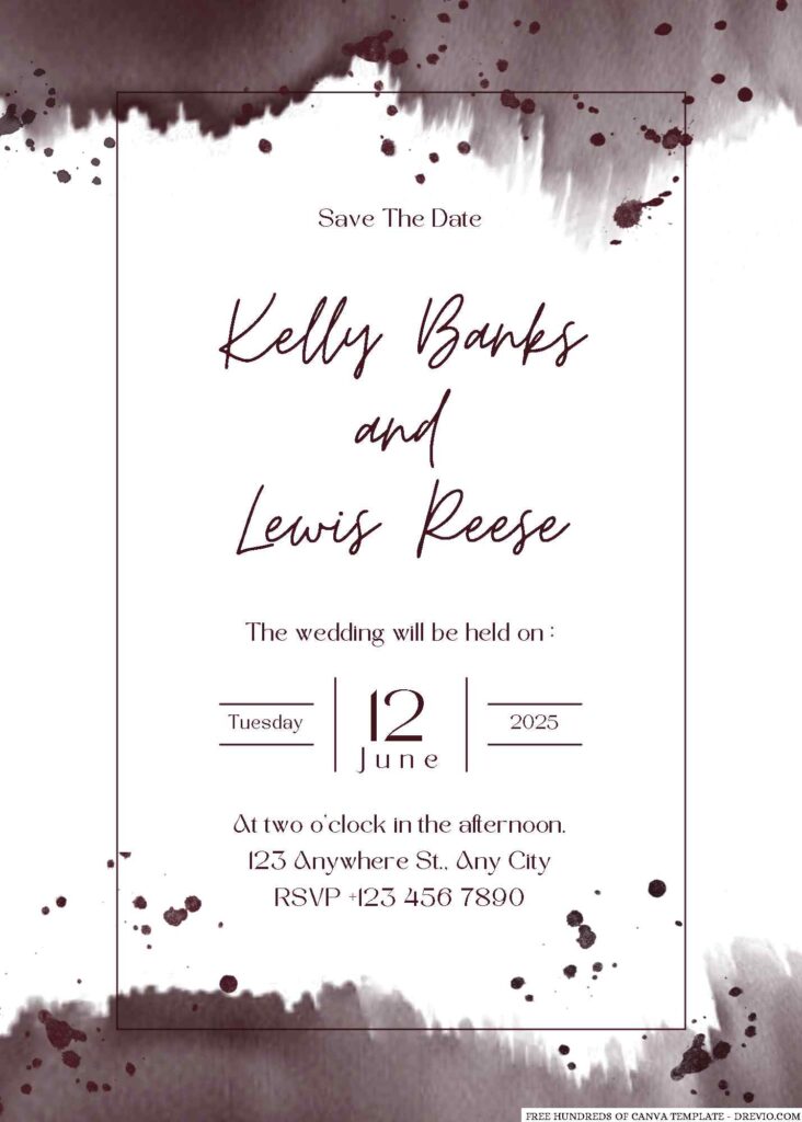 Free Editable Burgundy Abstract Splash Watercolor Wedding Invitation