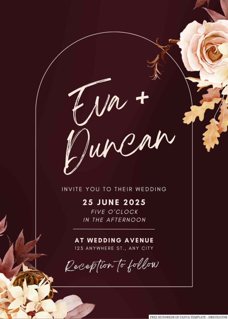 Free Editable Burgundy Watercolor Autumun Flower Wedding Invitation
