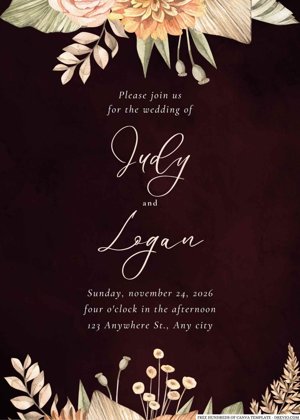 22+ Burgundy Dry Flower Bouquet Canva Wedding Invitation Templates ...