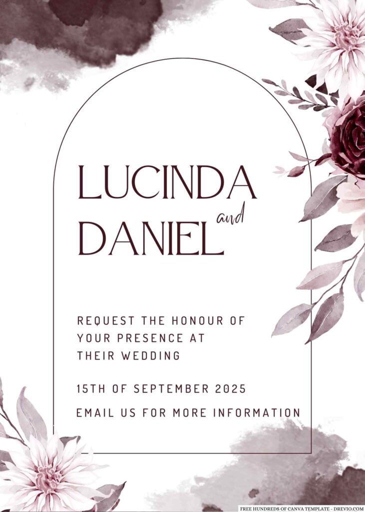 Free Editable Watercolor White Burgundy Flower Wedding Invitation