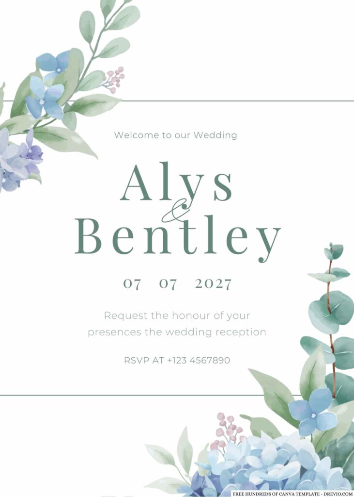 Free Editable Hydrangea Floral Green Leaves Wedding Invitation