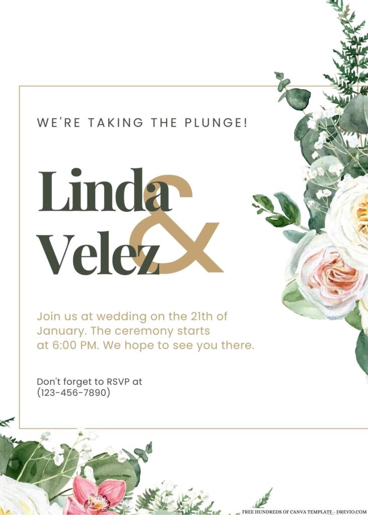 Free Editable Watercolor Floral Green Leaves Wedding Invitation