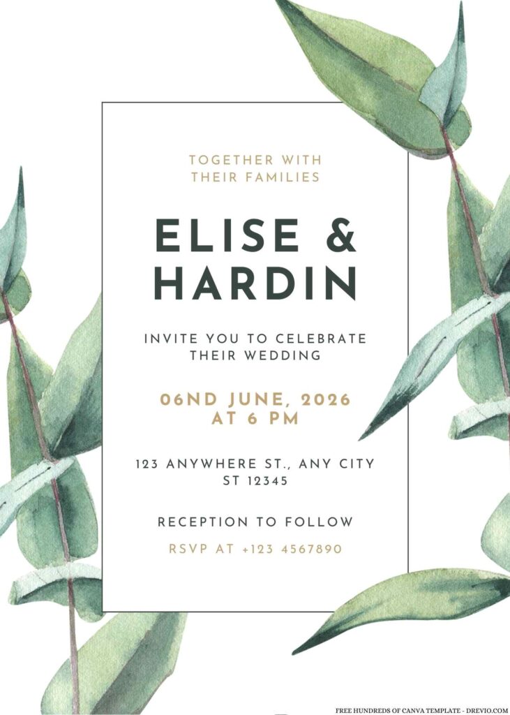 Free Editable Watercolor Leaves Green Garden Wedding Invitation