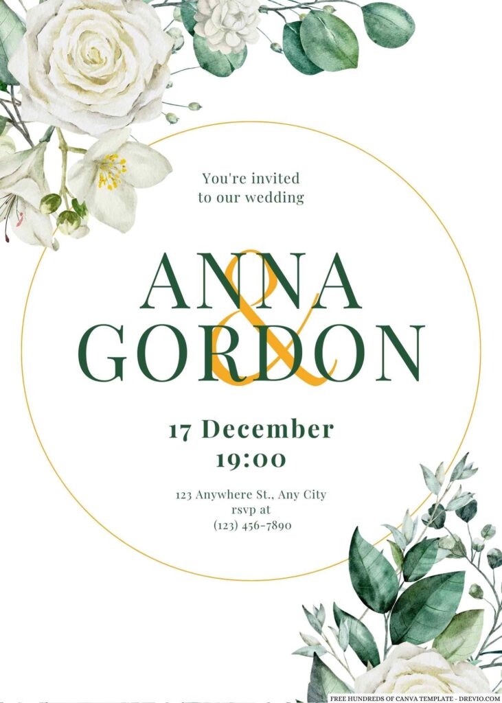 Free Editable Green Leaves White Roses Wedding Invitation