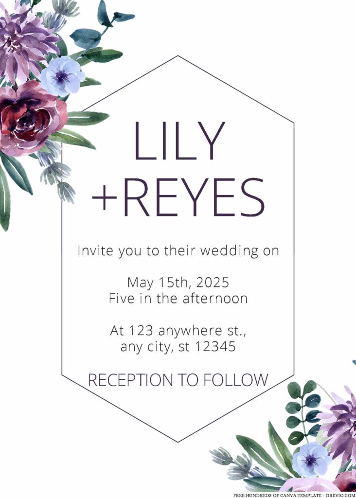 20+ Watercolor Purple Blue Floral Canva Wedding Invitation Templates