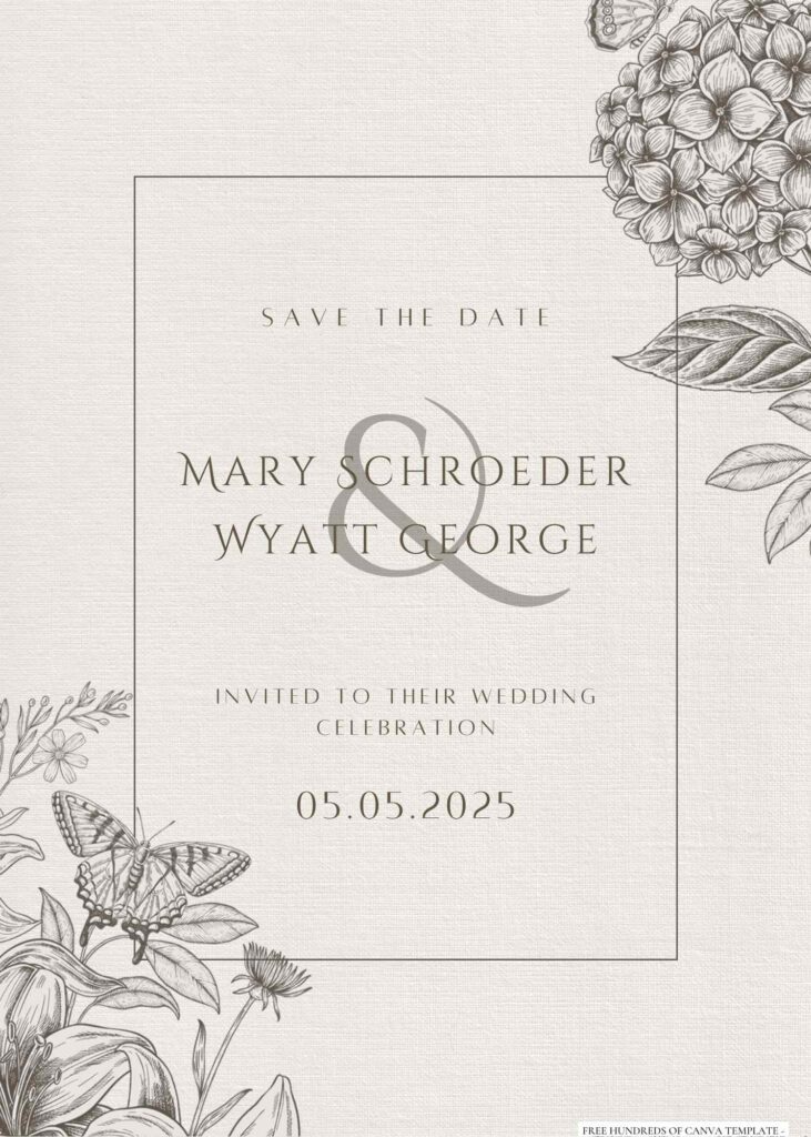 Floral Line Vintage Canva Wedding Invitation Templates