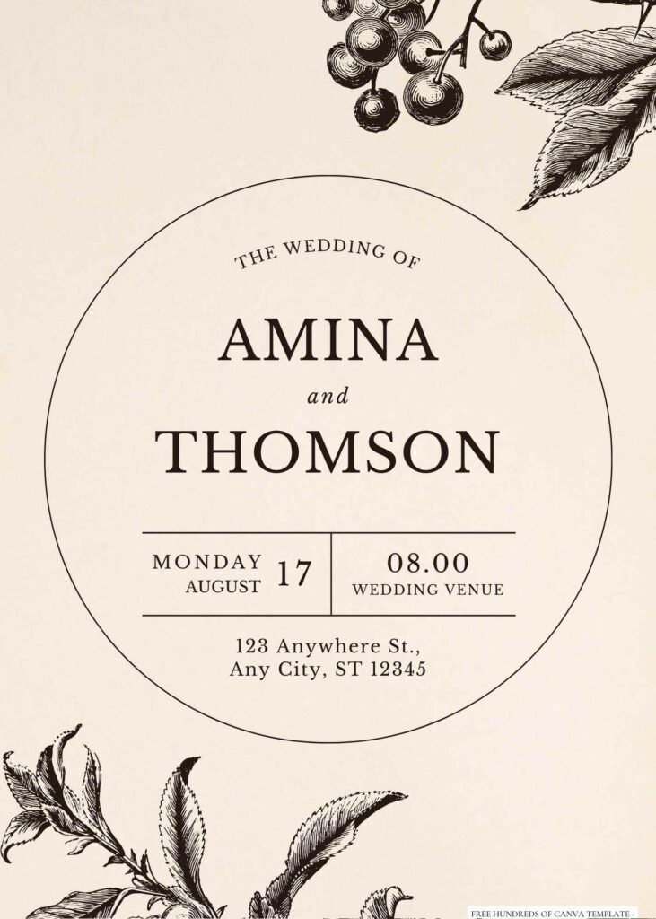 Free Editable Vintage Line Floral Illustration Wedding Invitation