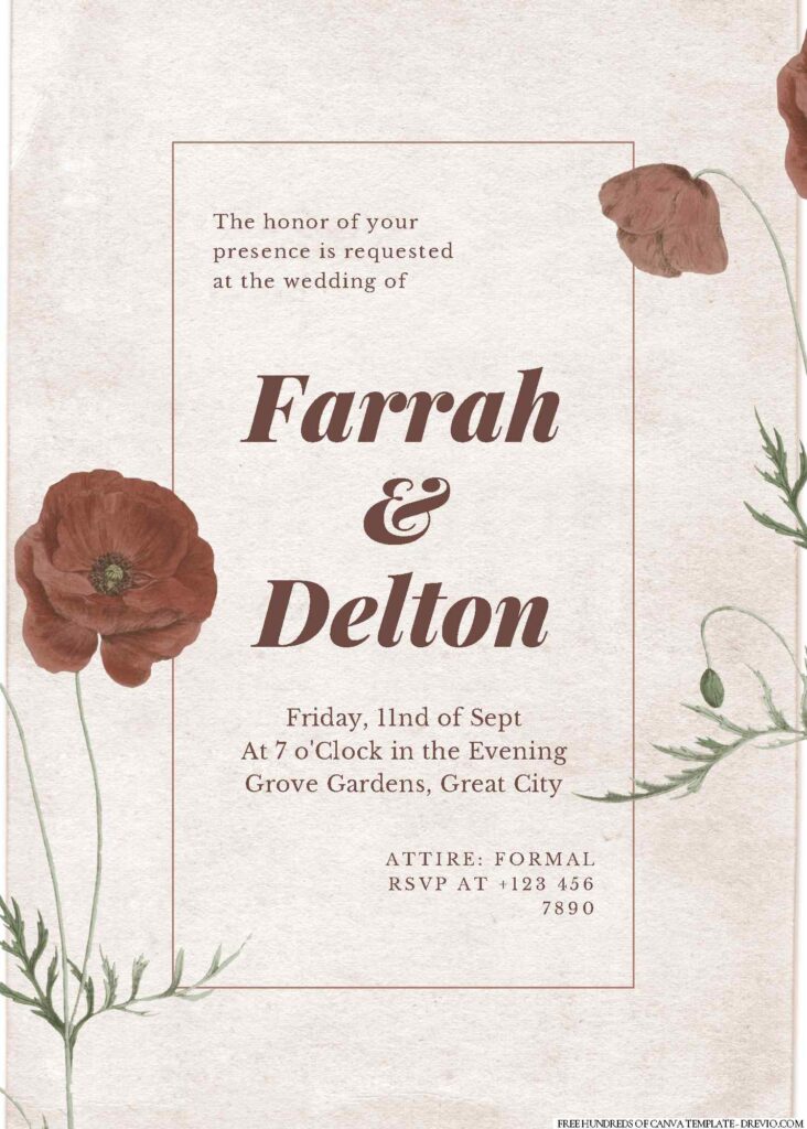 Free Editable Vintage Red Floral Plant Illustration Wedding Invitation