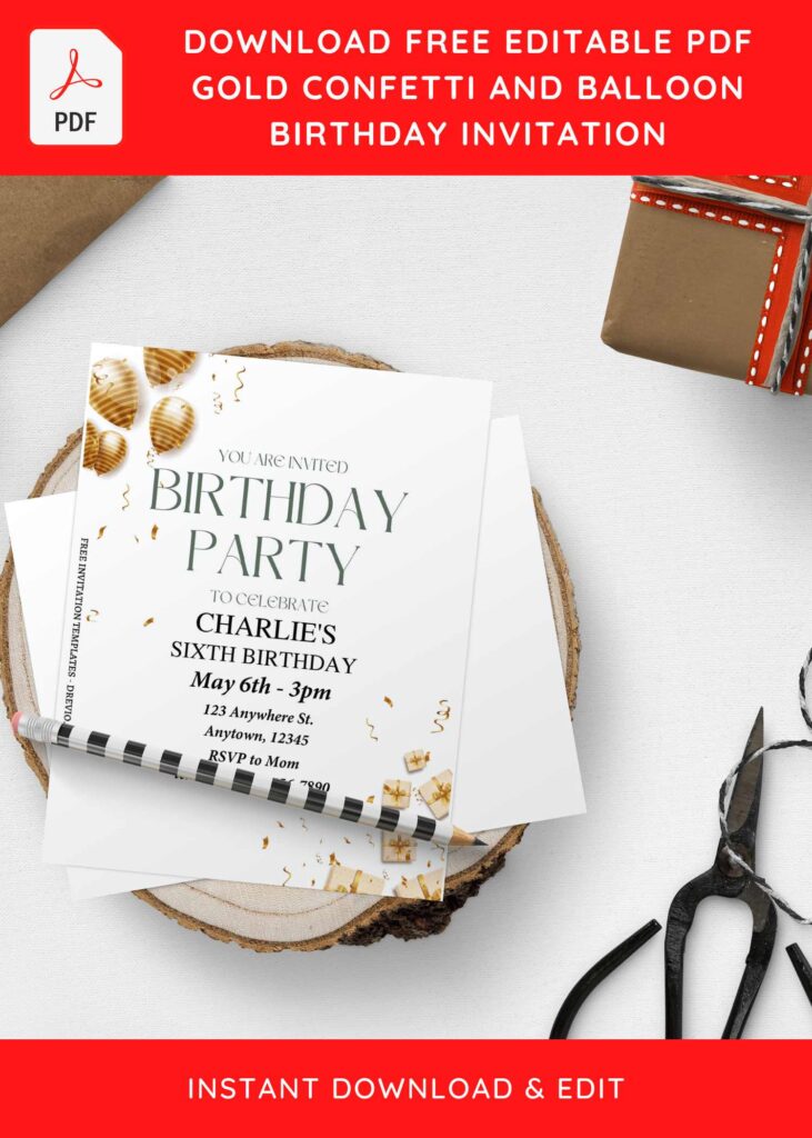 (Free Editable PDF) Stunning Gold Balloon & Confetti Birthday Invitation Templates H