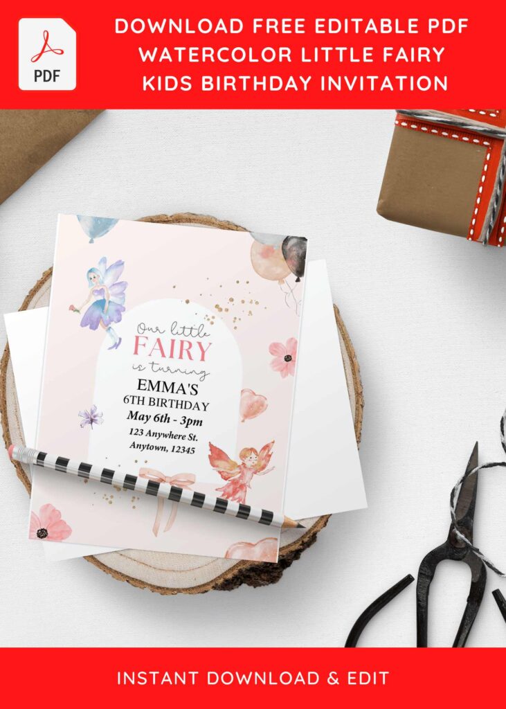 (Free Editable PDF) Pretty Garden Fairy Birthday Invitation Templates with watercolor poppy