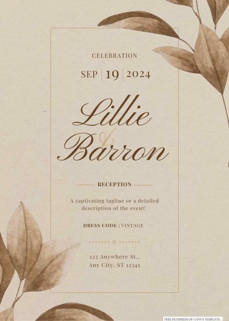 Invitation Template of 18+ Vintage Leaf Brown Watercolor Canva Wedding Invitation Templates 2