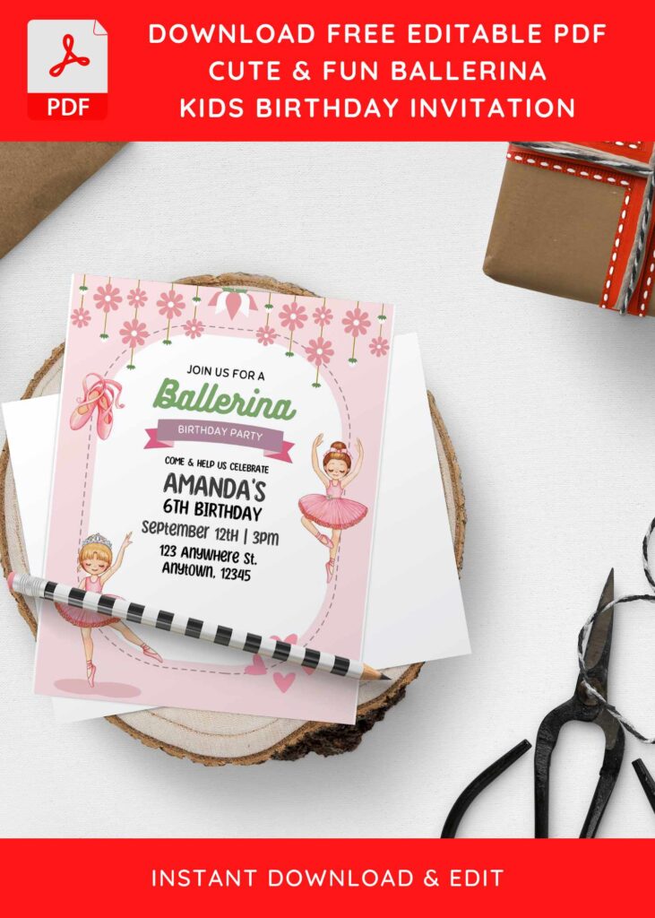 (Free Editable PDF) Pink Floral Ballerina Birthday Invitation Templates with cute bracket text frame