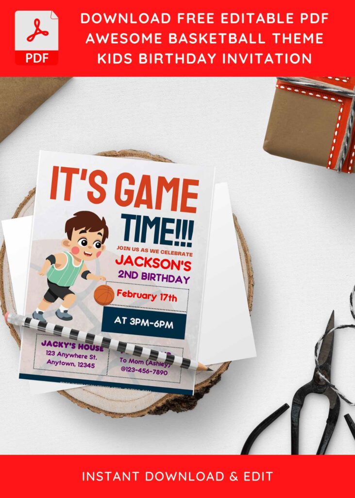 (Free Editable PDF) Awesome Basketball Birthday Invitation Templates with little boy playing basket
