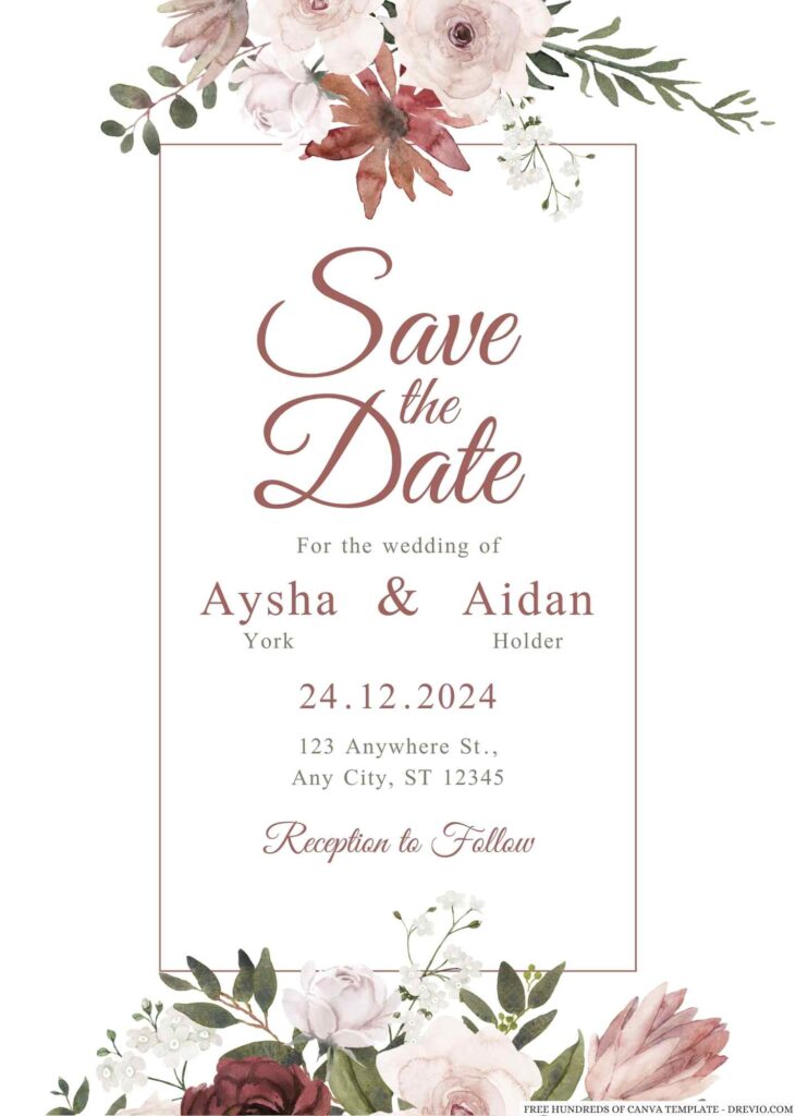 Free Editable Pink Red Watercolor Floral Wedding Invitation