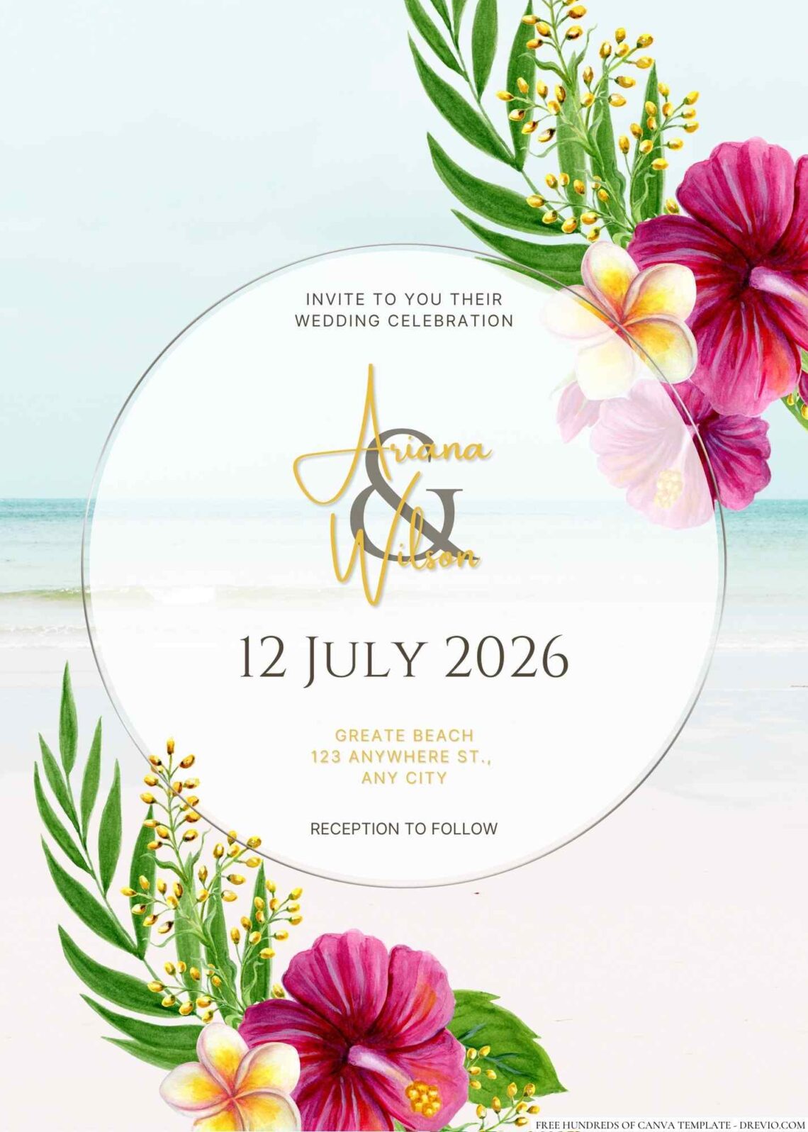 Free Editable Tropical Bouquet Watercolor Green Wedding Invitation