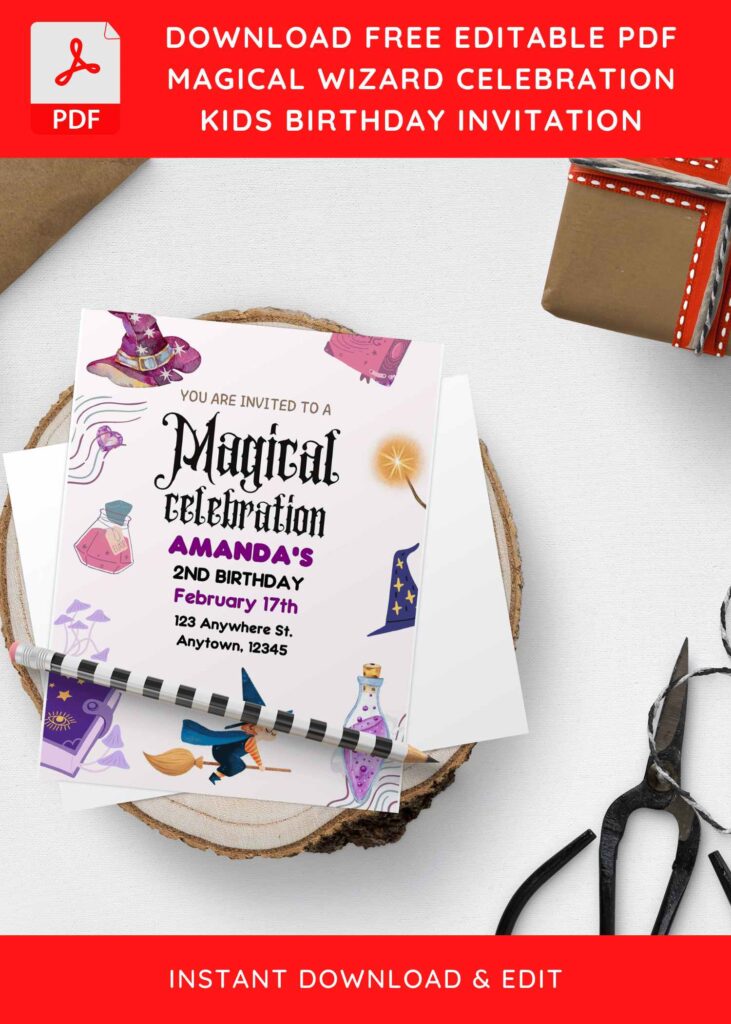 (Free Editable PDF) Magical Wizard Themed Birthday Invitation Templates with magic wand