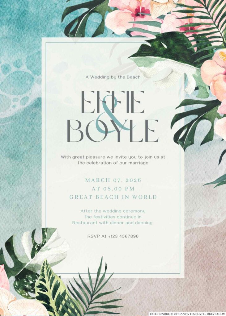Free Editable Tropical Floral Full Color Wedding Invitation