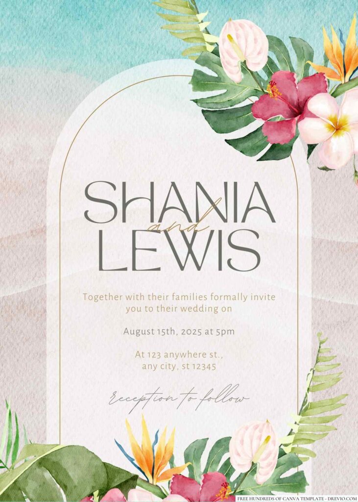 Tropical Green White Watercolor Canva Wedding Invitation Templates