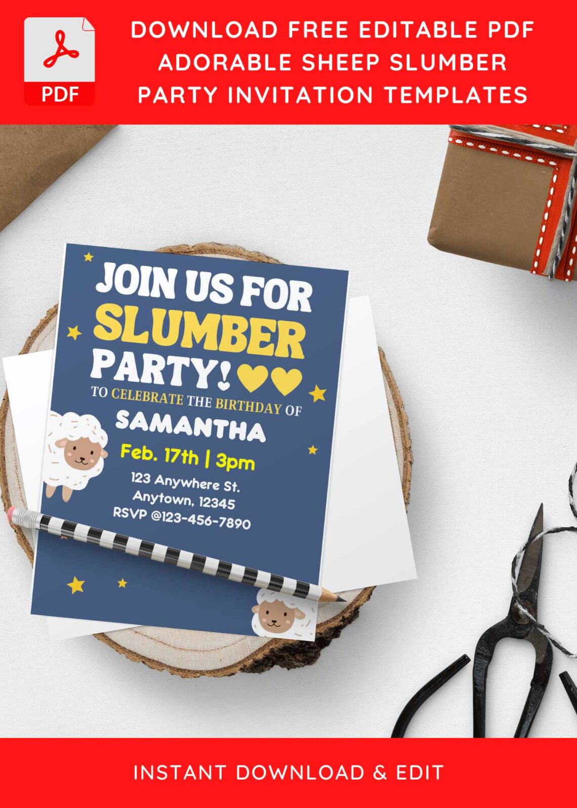 (Free Editable PDF) Cute Sheep Slumber Birthday Party Invitation Templates H