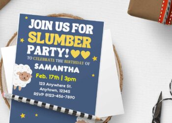 (Free Editable PDF) Cute Sheep Slumber Birthday Party Invitation Templates H