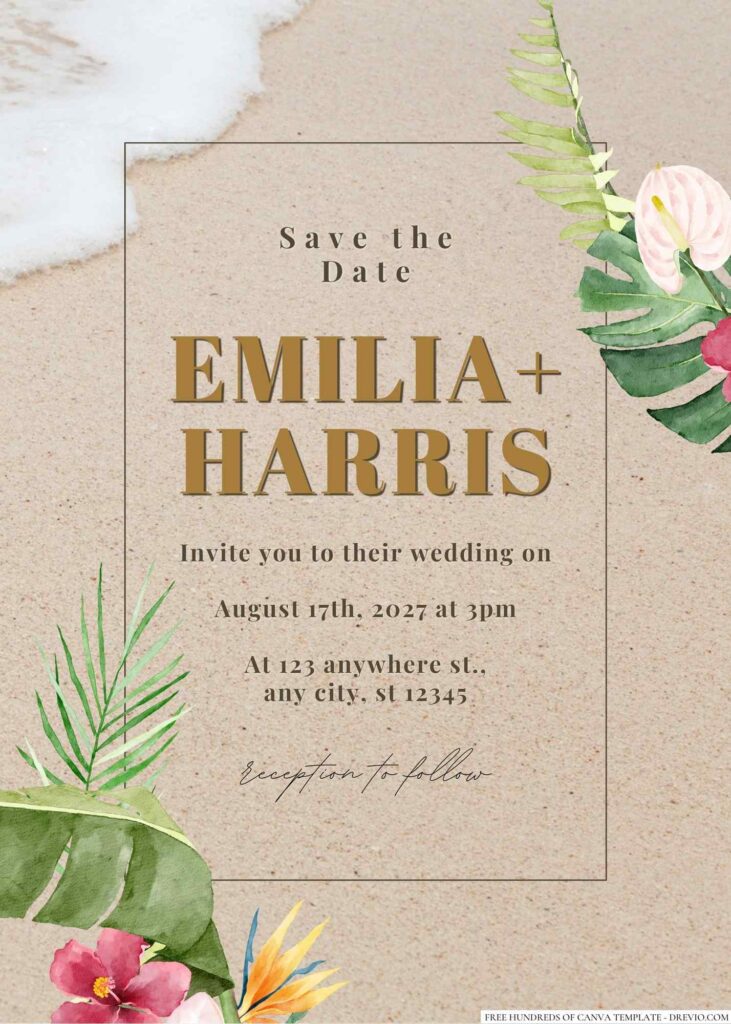 Free Editable Colorful Tropical Flower Leaves Wedding Invitation