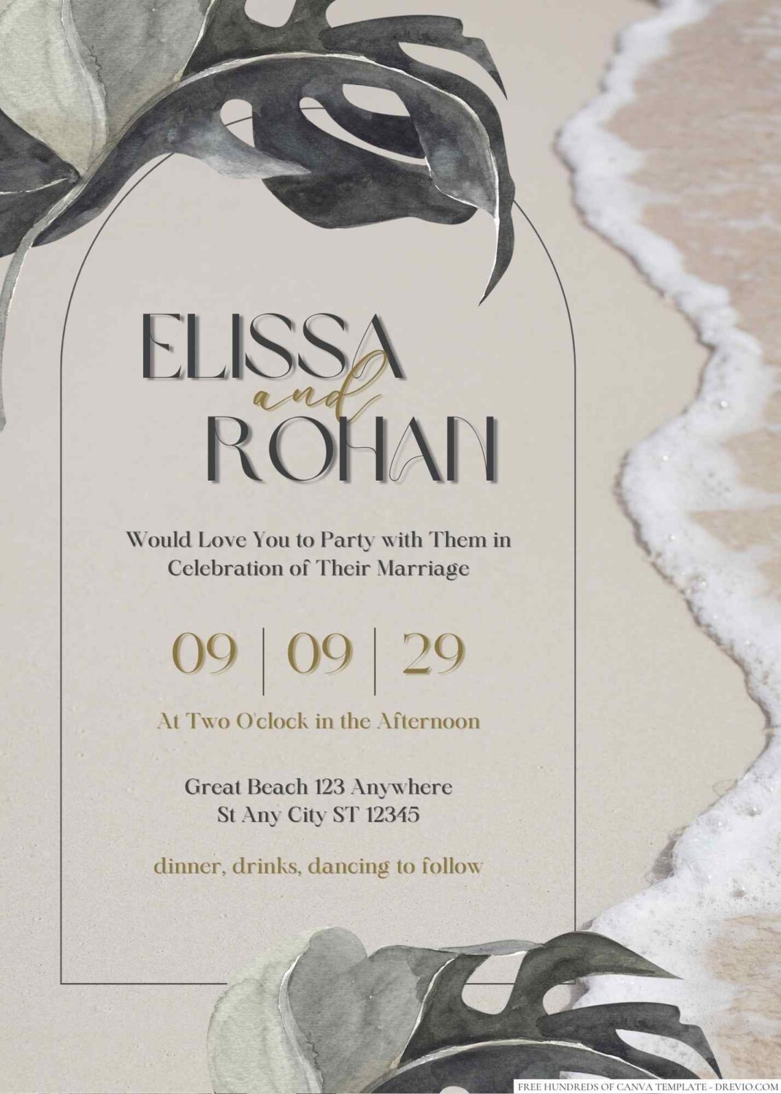 Free Editable Beach Tropical Monstera Wedding Invitation