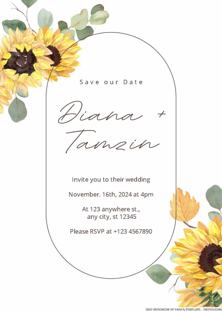 Watercolor Sunflower Bouquet Canva Wedding Invitation Templates