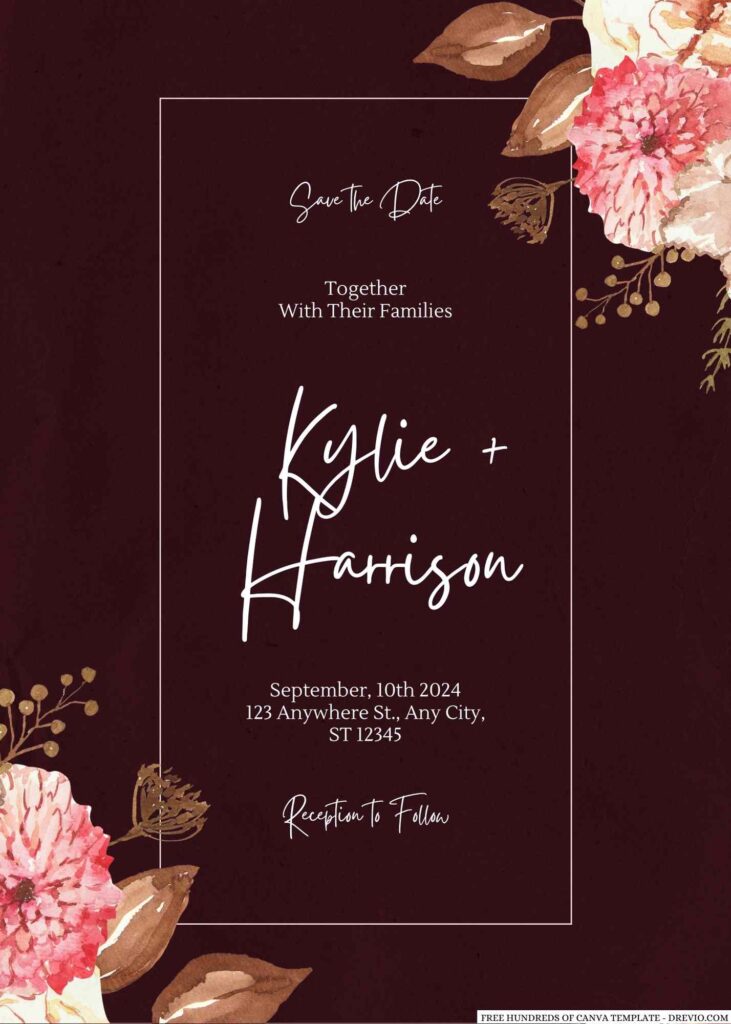 Free Editable Burgundy Watercolor Autumn Wedding Invitation