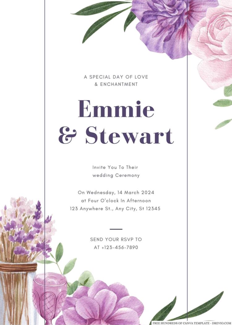 18+ Watercolor Floral Purple Pink Canva Wedding Invitation Templates ...