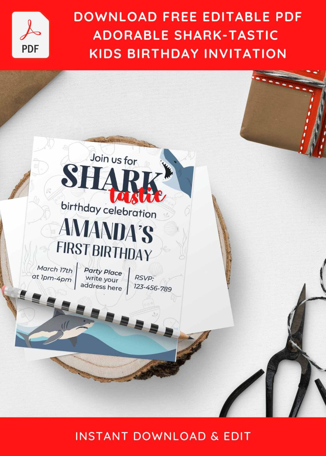 (Free Editable PDF) SHARK-TASTIC Birthday Invitation Templates