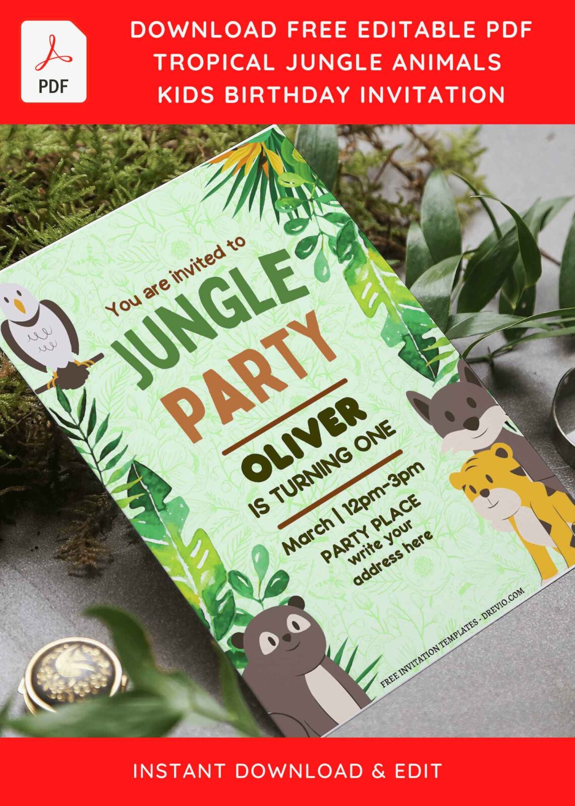 (Free Editable PDF) Bright Safari Jungle Birthday Invitation Templates with cartoon bird