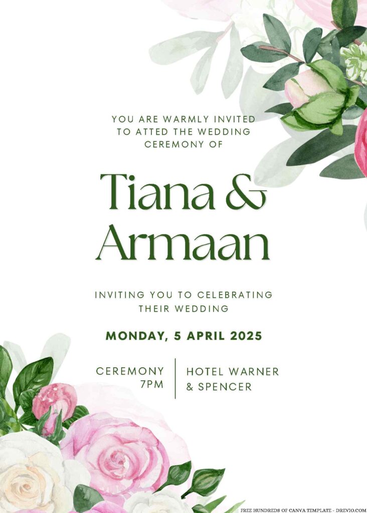 Free Editable Watercolor Green Leaves White Floral Wedding Invitation