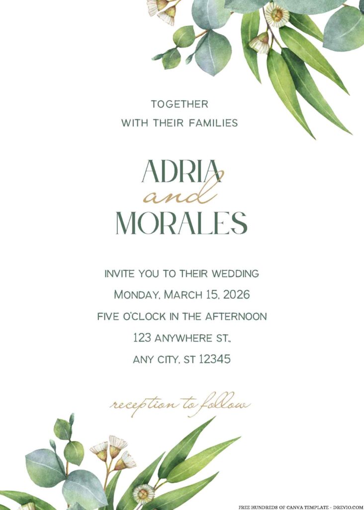 Free Editable Watercolor Green Leaves Yellow Flower Wedding Invitation