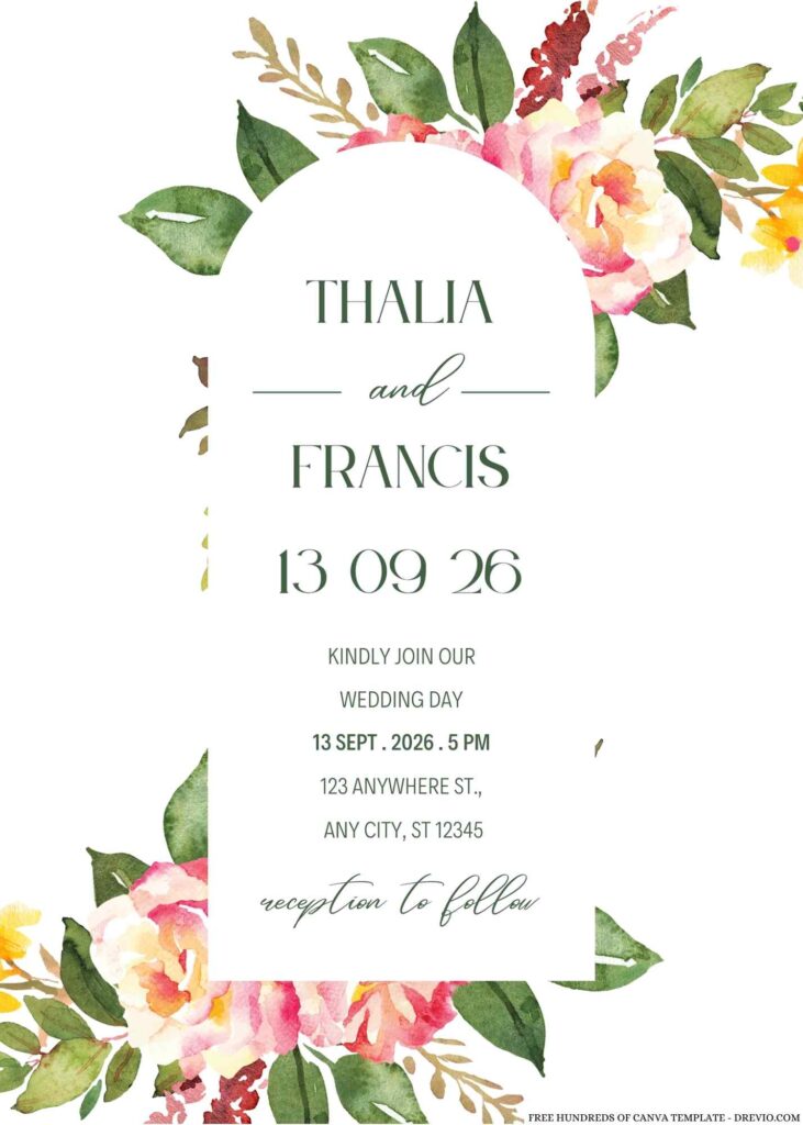 Free Editable Watercolor Pink Yellow Floral Wedding Invitation
