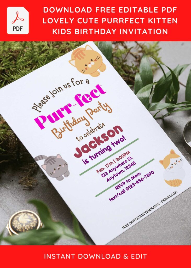 Invitation Template of (Free Editable PDF) Cute Kitty Purrfect Birthday Invitation Templates 6