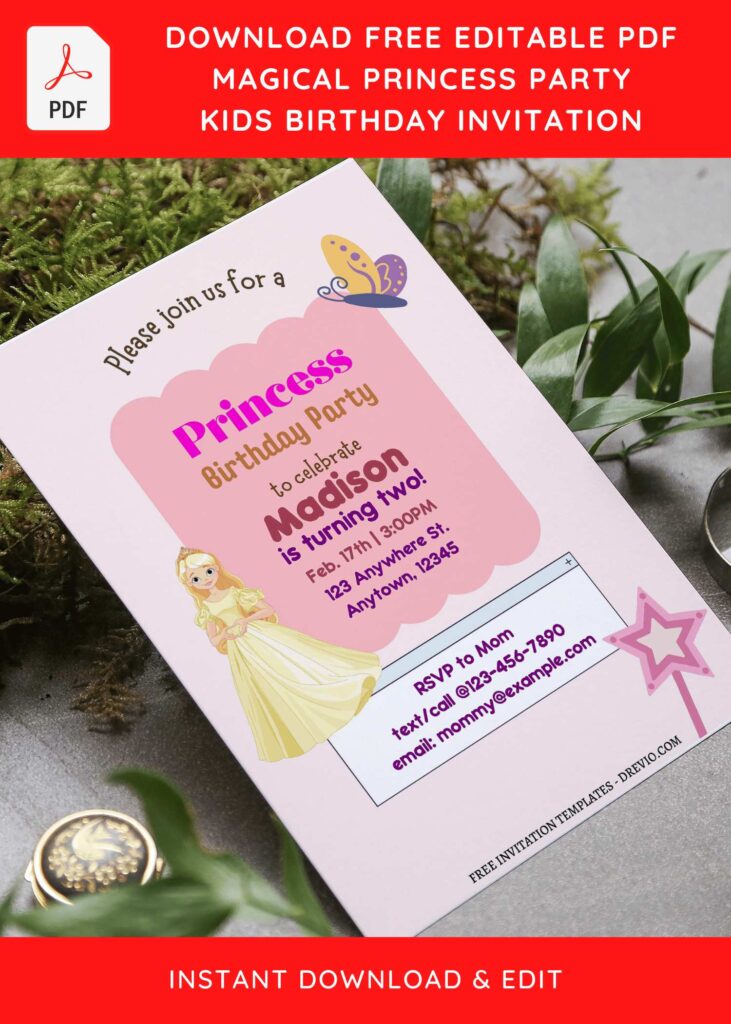 (Free Editable PDF) Magical Princess Girl Birthday Invitation Templates with colorful text