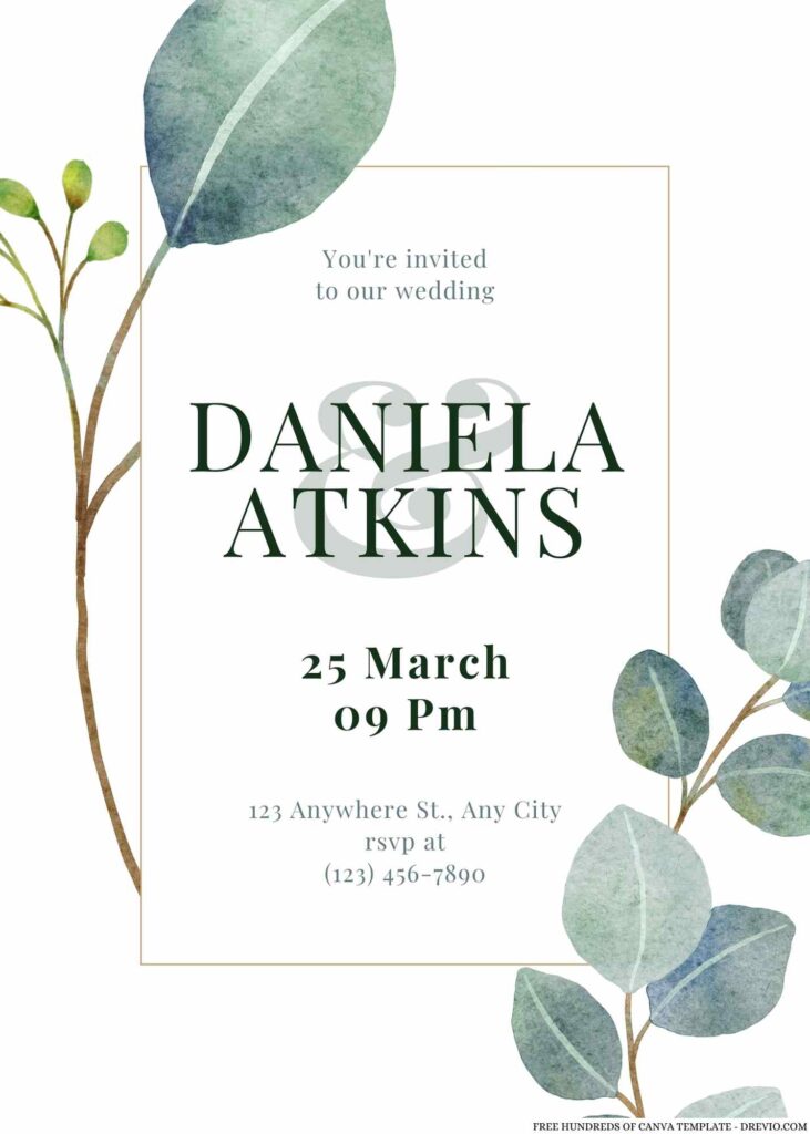 Free Editable Bouquet Eucalyptus Green Leaves Wedding Invitation