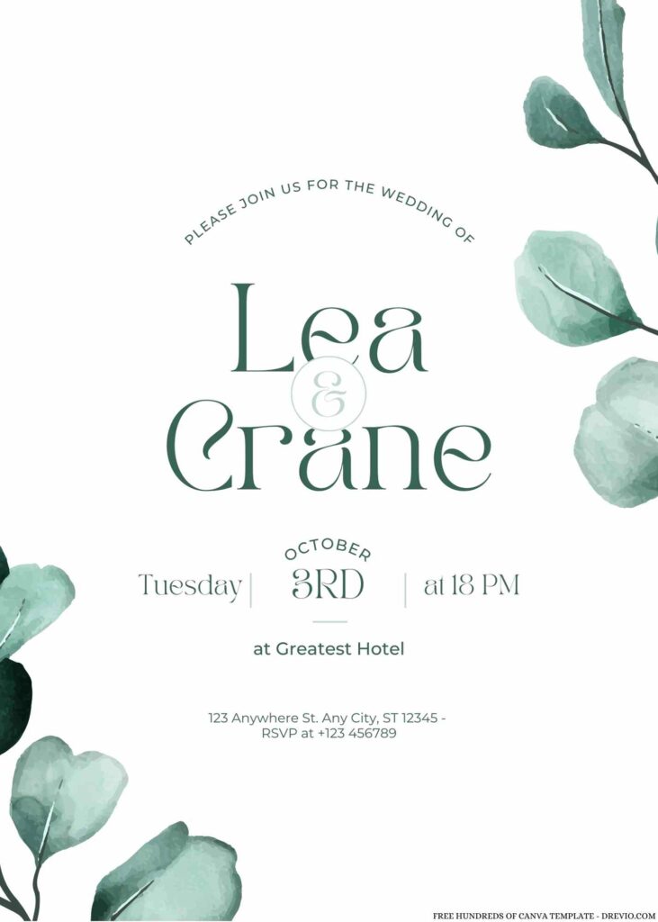 Invitation Template of 20+ Watercolor Eucalyptus Greenery Canva Wedding Invitation Templates 5