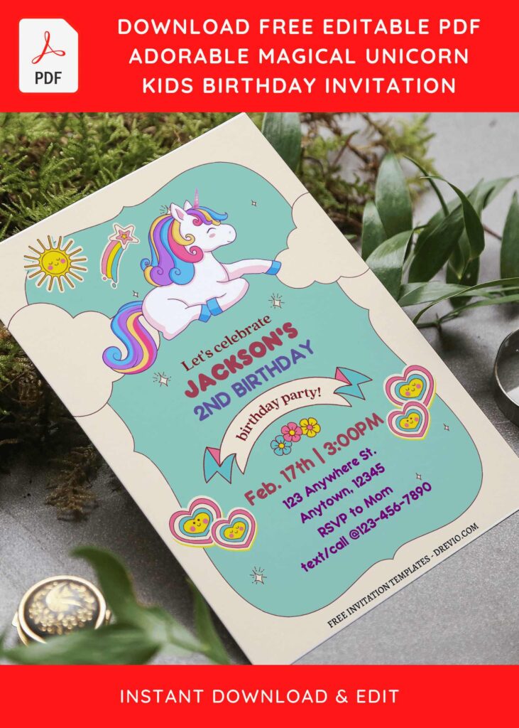 (Free Editable PDF) RAINBOW-TASTIC Unicorn Birthday Invitation Templates  with lovely cute heart shapes