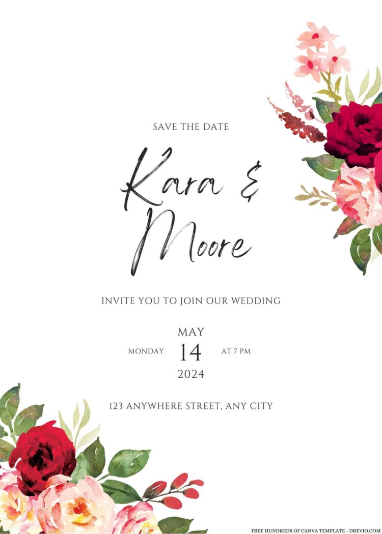 20+ Watercolor Red Pink Roses Floral Canva Wedding Invitation Templates ...