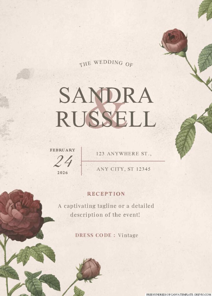 Free Editable Vintage Painting Flower Roses Wedding Invitation