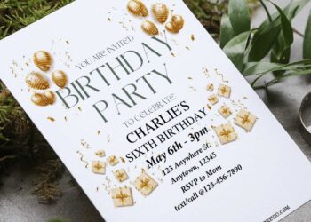 (Free Editable PDF) Stunning Gold Balloon & Confetti Birthday Invitation Templates F