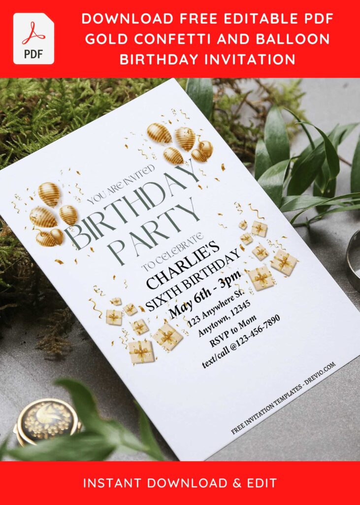 (Free Editable PDF) Stunning Gold Balloon & Confetti Birthday Invitation Templates F