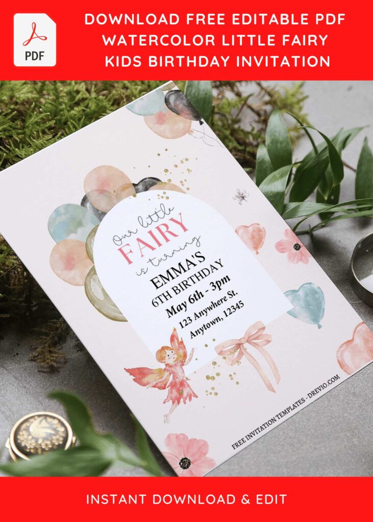 (Free Editable PDF) Pretty Garden Fairy Birthday Invitation Templates with happy flying fairy