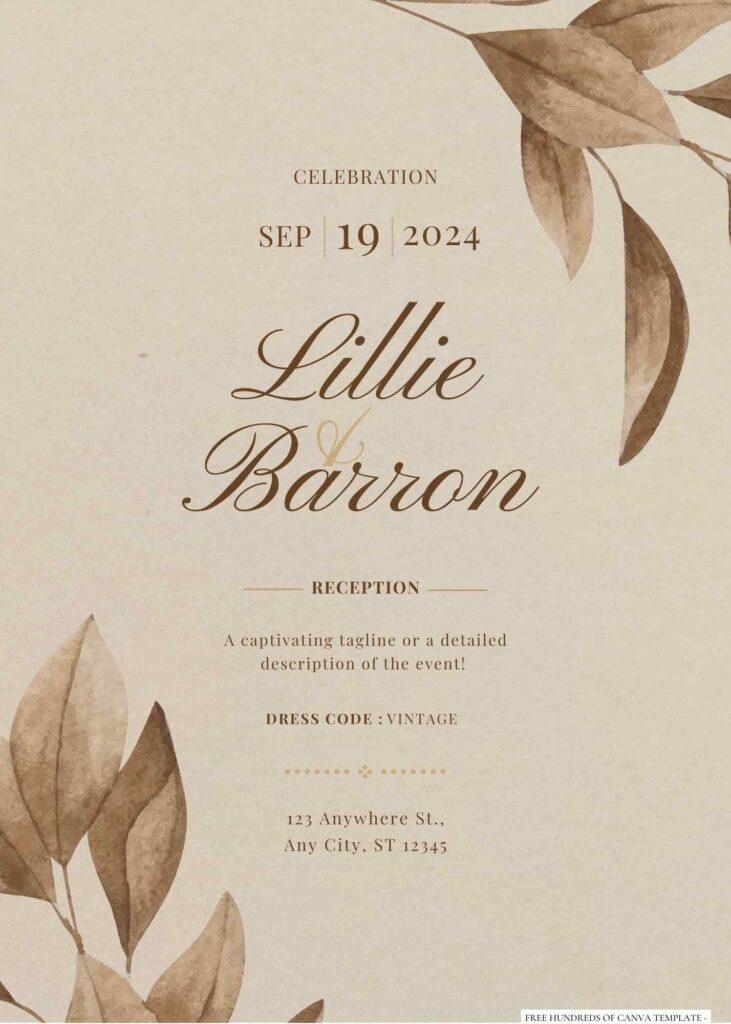 Invitation Template of 18+ Vintage Leaf Brown Watercolor Canva Wedding Invitation Templates 4